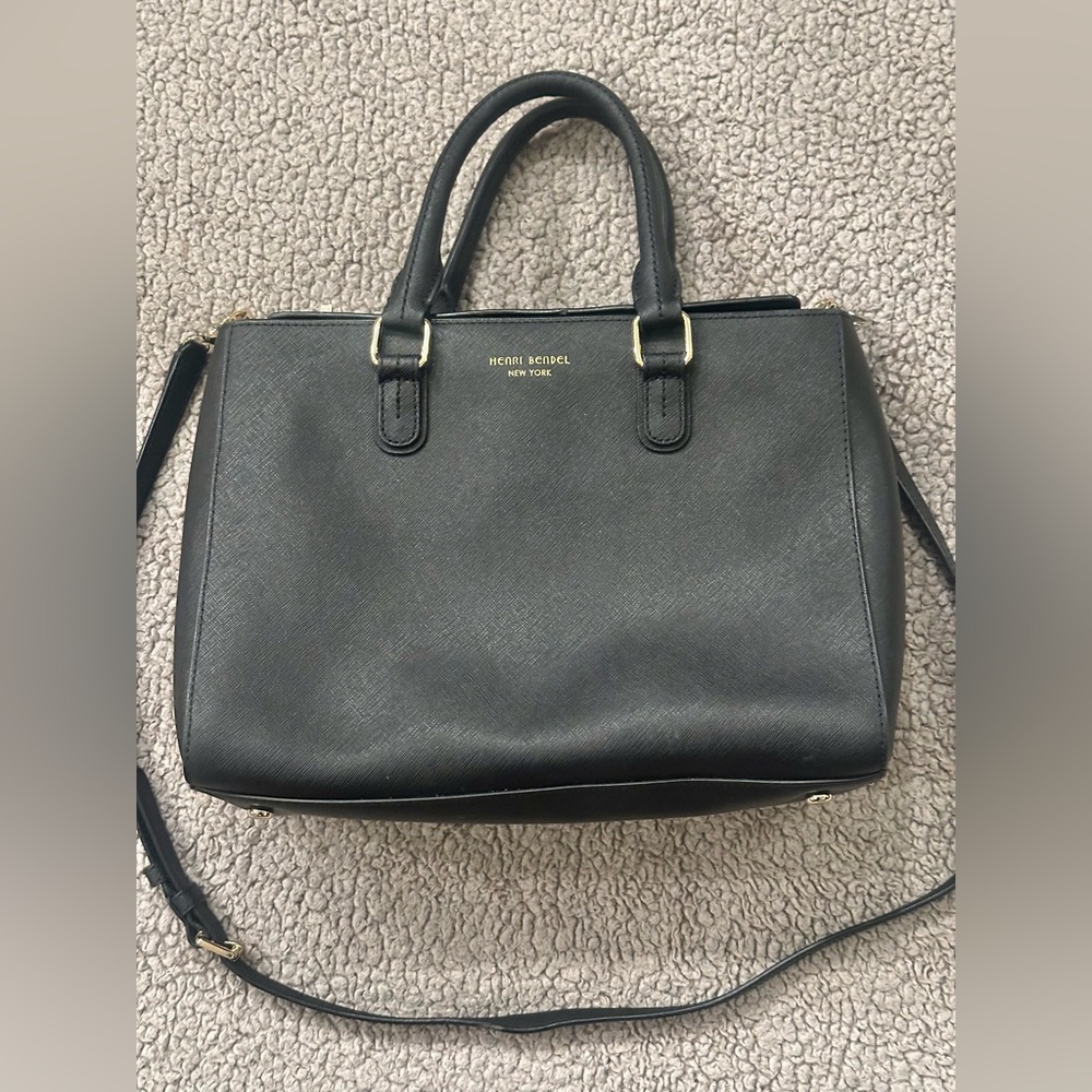 Henri Bendel Black Coated Canvas Bag Purse Crossbody Satchel Turn Lock Saffiano